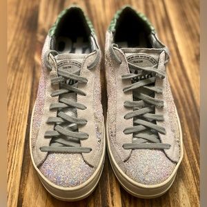 P448 John Iridescent Glitter Platform Sneakers White Green Women Sz 38 US 8 $298